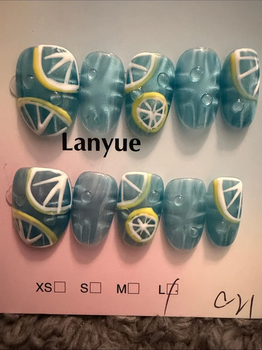 Teal Citrus handmade acrylic Press-On Nail Set by Lanyue